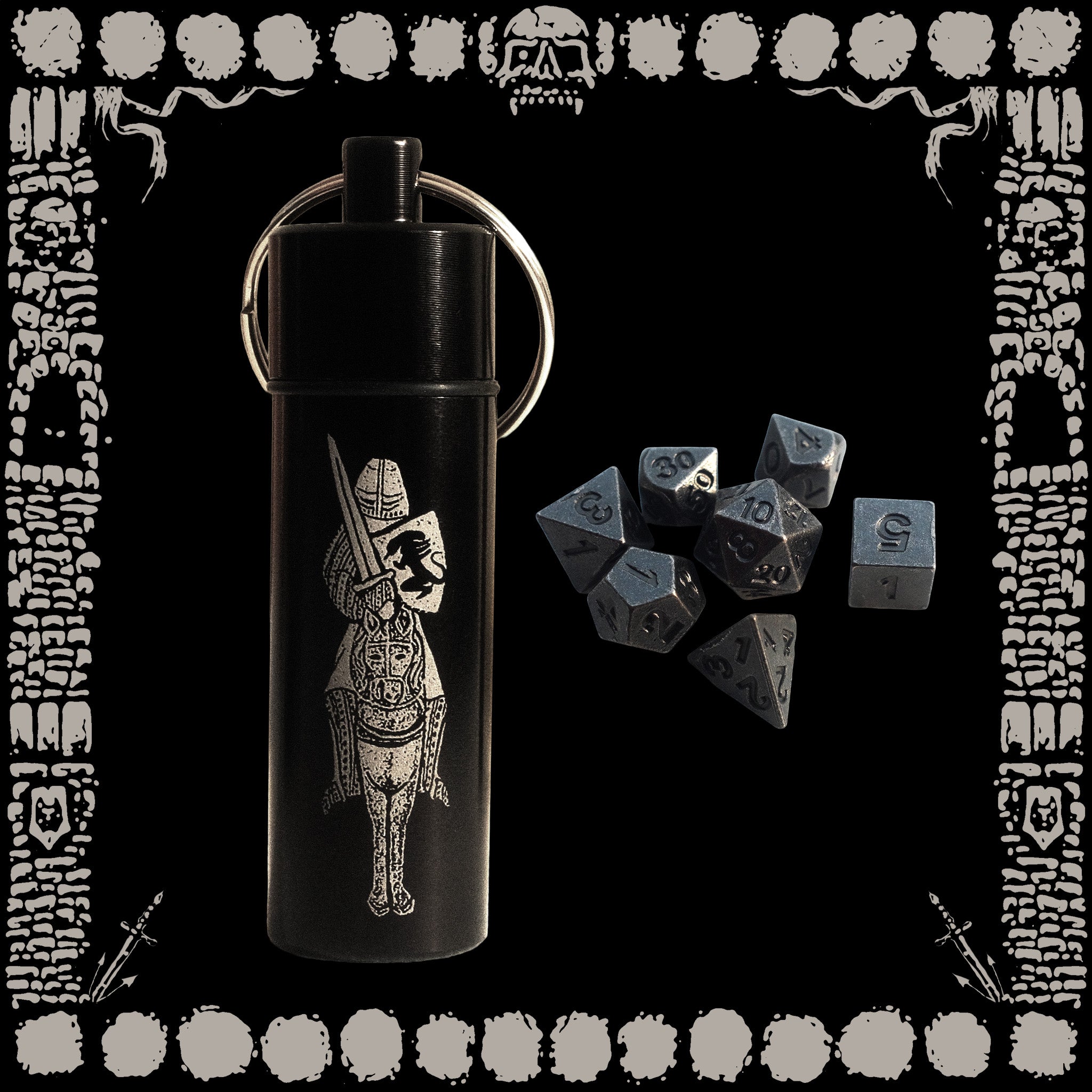 KNIGHT” MINI METAL DICE SET + KEYCHAIN CANISTER – HORRID REALM