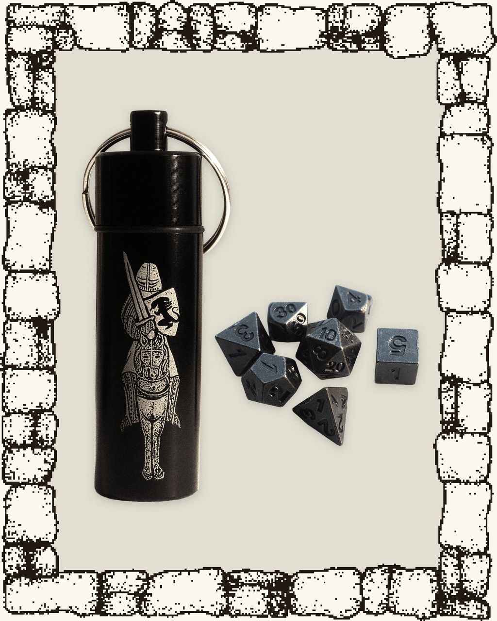“KNIGHT” MINI METAL DICE SET + KEYCHAIN CANISTER