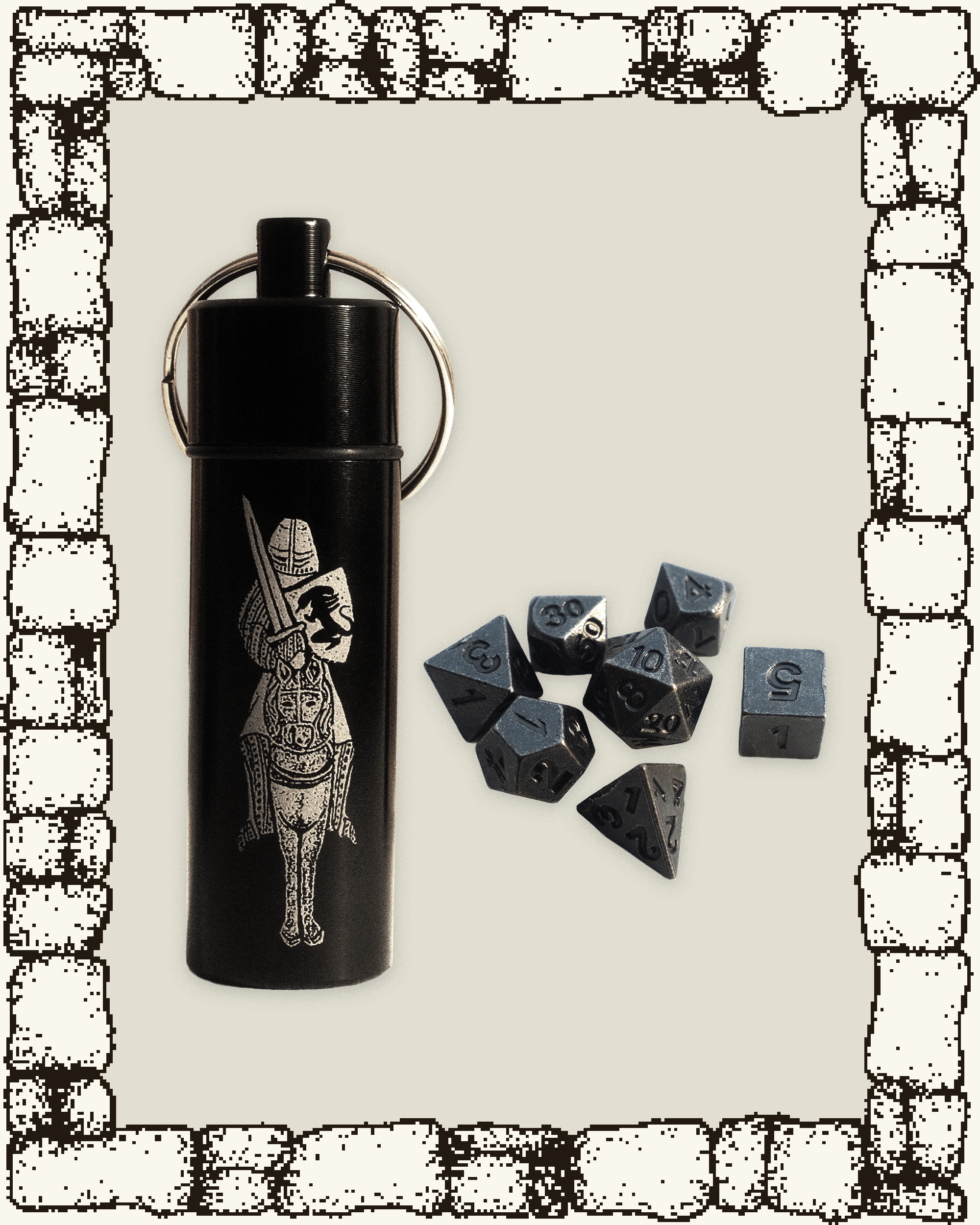 “KNIGHT” MINI METAL DICE SET + KEYCHAIN CANISTER